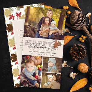 Vintage Scrolls Fall Leaves Thanksgiving 3 Photo Holiday Card
