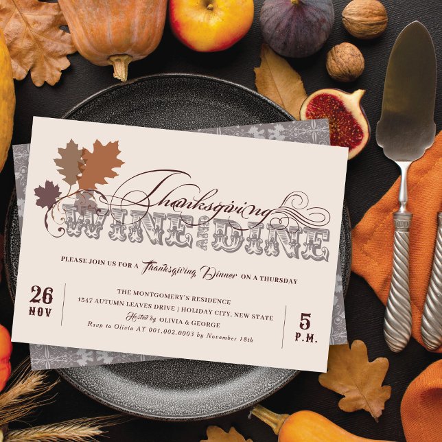 Vintage Scrolls Wine and Dine Thanksgiving Dinner Invitation (Creator Uploaded)