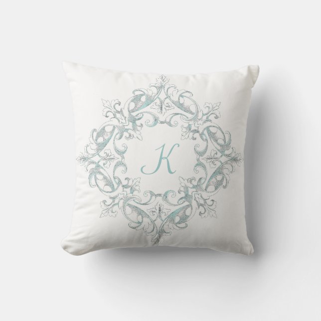 Vintage Scrollwork Aqua Monogram Pillow (Front)