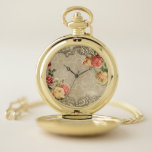 Vintage Sculpted Roses and Engraved Border Pocket Watch<br><div class="desc">Layers of beautiful roses in pastel shades of pink,  yellow and peach within a dimensional ornate engraved rustic floral frame on an ecru damask background. Note:  Sculpted,  engraved,  embossed and dimensional effects,  layered,  aged or eroded appearance,  textures and shadows achieved digitally. Actual product has a flat surface.</div>