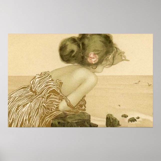 Vintage Sea Girl With Pink Rose Poster (Front)