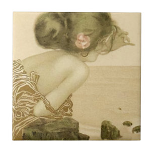 Vintage Sea Girl With Pink Rose Tile
