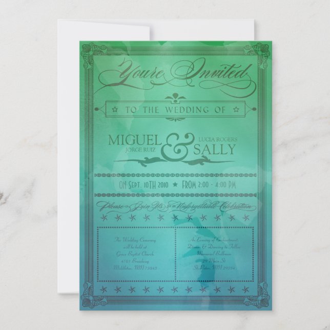 Vintage Sea Green & Blue DIY Wedding Invitation (Front)