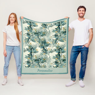 Vintage Sea Green Foliage Leaves Elegant Pattern Fleece Blanket