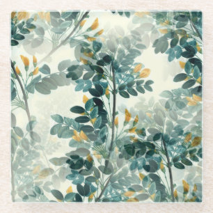 Vintage Sea Green Foliage Leaves Elegant Pattern Glass Coaster
