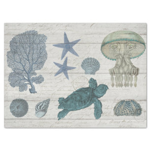 Vintage Sea Life Coral Turtle Starfish Shells Wood Tissue Paper