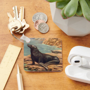Vintage Sea Lion by the Seashore, Marine Mammals Key Ring