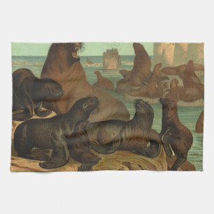 Vintage Sea Lions on the Beach, Marine Life Animal Tea Towel