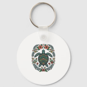 Vintage Sea Turtle Floral Vector Design_1 Key Ring