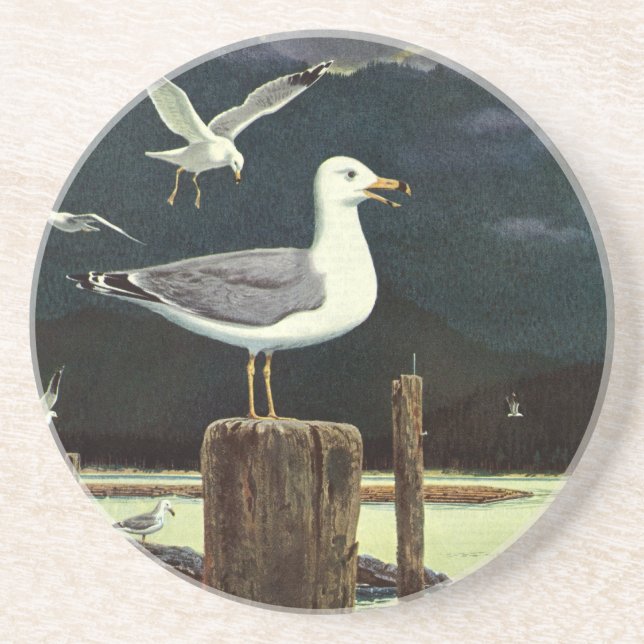 Vintage Seagull Perched Pier, Marine Birds Animals Coaster (Front)