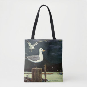 Vintage Seagull Perched Pier, Marine Birds Animals Tote Bag
