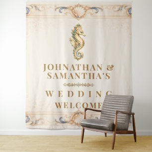 Vintage seahorse luxury beach photo backdrop tapestry
