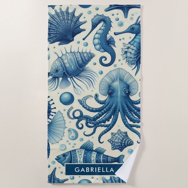Vintage Sealife Animals Pattern Beach Towel (Front)