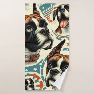 Vintage Seamless Boxer Dog Illustration Bath Towel