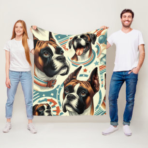Vintage Seamless Boxer Dog Illustration Fleece Blanket