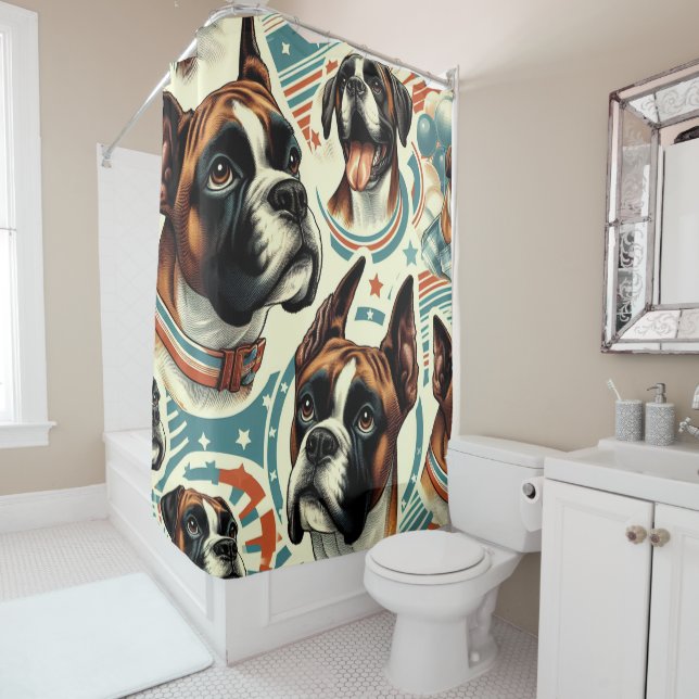 Vintage Seamless Boxer Dog Illustration Shower Curtain (In Situ)