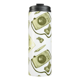 Vintage seamless hipster sepia pattern consisting thermal tumbler