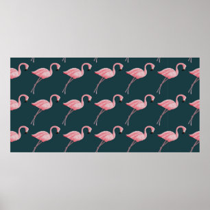 vintage seamless pattern Flamingos on blue backgro Poster