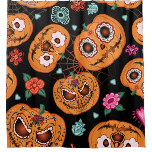 vintage seamless pattern for Halloween. Pumpkin, f Shower Curtain