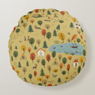 vintage seamless pattern of autumn forest landscap round cushion