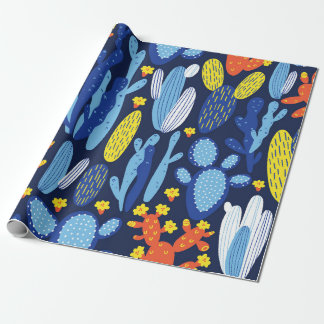 vintage seamless pattern with cactus on dark blue wrapping paper