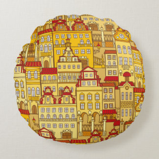 vintage seamless pattern with colorful houses. Day Round Cushion