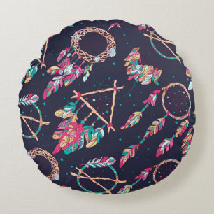 vintage Seamless Pattern with Different Dream Catc Round Cushion