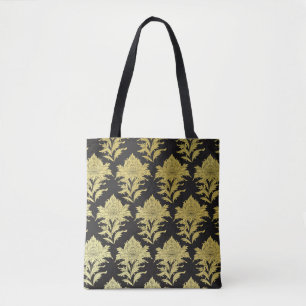 vintage seamless pattern with golden flower on bl tote bag