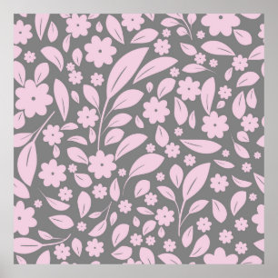 Vintage seamless pattern with pink flowers and lea poster