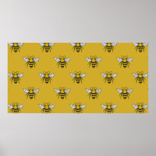 Vintage seamless pattern with yellow bees. Handdra Poster