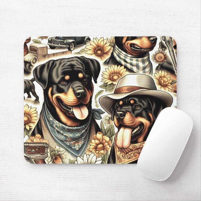 Vintage Seamless Rottweiler Illustration Mouse Pad (With Mouse)