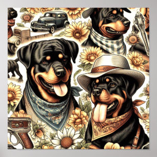 Vintage Seamless Rottweiler Illustration Poster