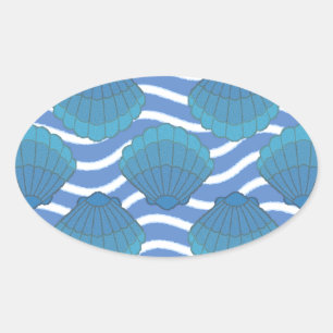 Vintage Seashell And Waves Pattern Oval Sticker