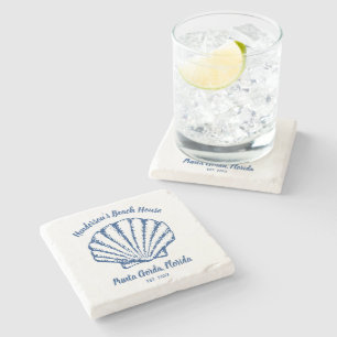 Vintage Seashell Beach House Family Name Custom Stone Coaster
