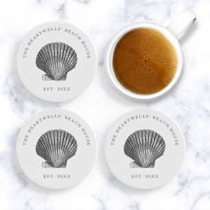 Vintage Seashell Illustration Name Beach House Coaster