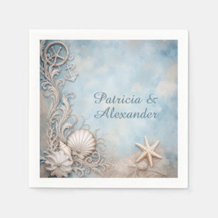Vintage Seashell Nautical Theme Blue Beige White Napkin