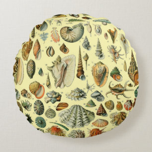 Vintage Seashell Print Adolphe Millot Coastal Round Cushion