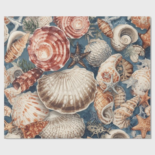 Vintage Seashells Beach Coastal Christmas  Wrapping Paper (Flat)