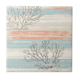 Vintage Seashells on Faded Blue Coastal Stripes Tile