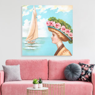 Vintage Seaside Lady Pink Rose Hat Sailboat Art Canvas Print