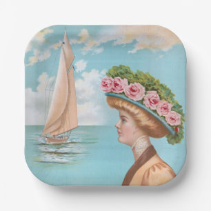 Vintage Seaside Lady Pink Rose Hat Sailboat Art Paper Plate