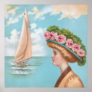 Vintage Seaside Lady Pink Rose Hat Sailboat Art Poster