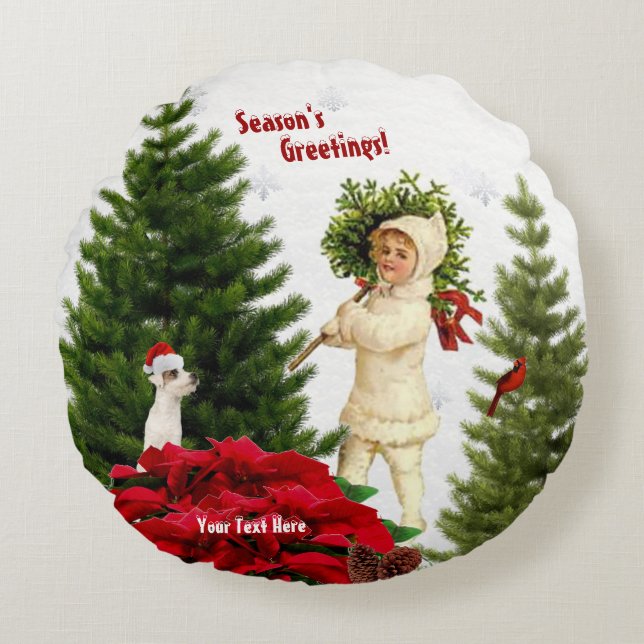 Vintage Seasons Greetings 16” Round Throw Pillow (Front)