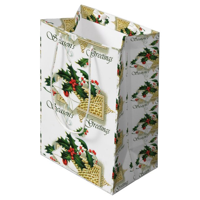 Vintage Seasons Greetings Christmas Medium Gift Bag (Front Angled)