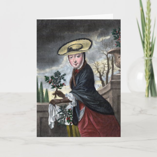 Vintage Season's Greetings: Woman picking Holly Holiday Card (Front)
