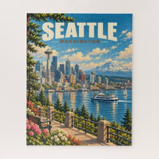 Vintage Seattle Skyline Mount Rainier Jigsaw Puzzle