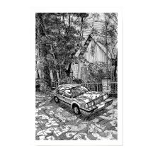 Vintage Sedan Car Ink Sketch Black and White Retro