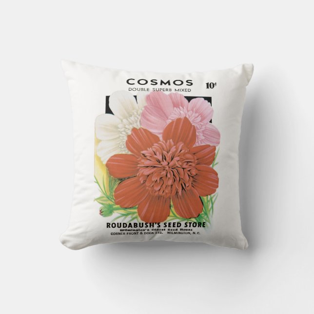 Vintage Seed Packet Art, Cosmos Garden Flowers Cushion (Front)