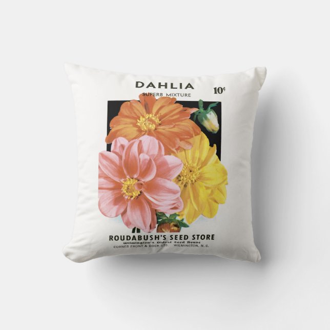 Vintage Seed Packet Art, Dahlia Garden Flowers Cushion (Front)
