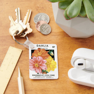 Vintage Seed Packet Art, Dahlia Garden Flowers Key Ring